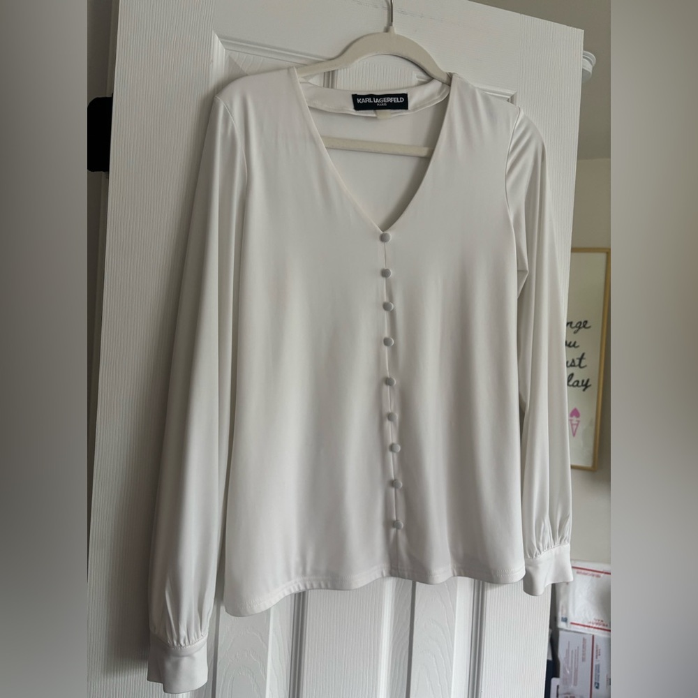 Karl Lagerfeld White V-Neck Long Sleeve Button Front Blouse